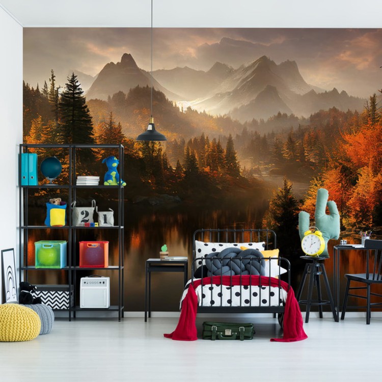 Fototapeta Ai Generated Image Of A Beautiful Landscape With Autumn Forest, A Lake And Hills