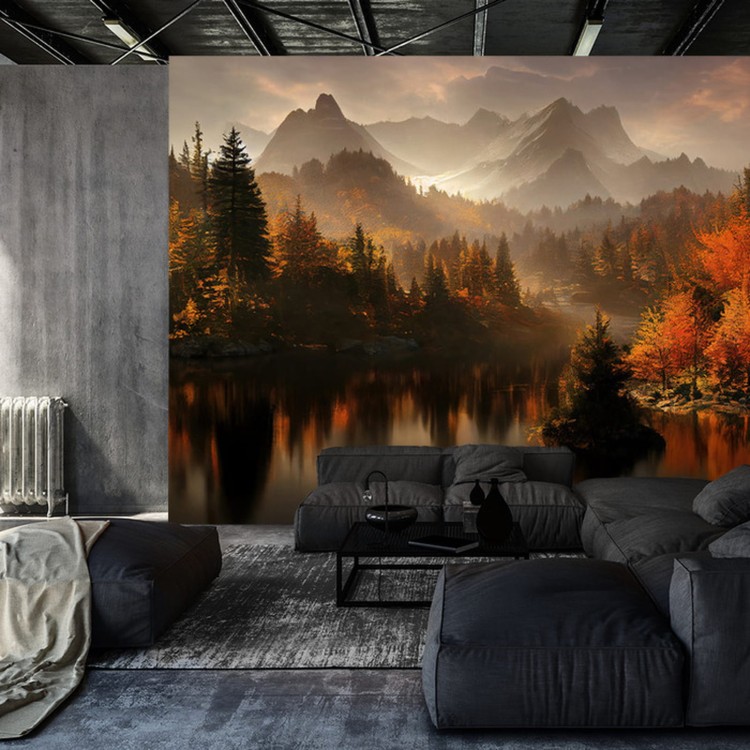 Fototapeta Ai Generated Image Of A Beautiful Landscape With Autumn Forest, A Lake And Hills