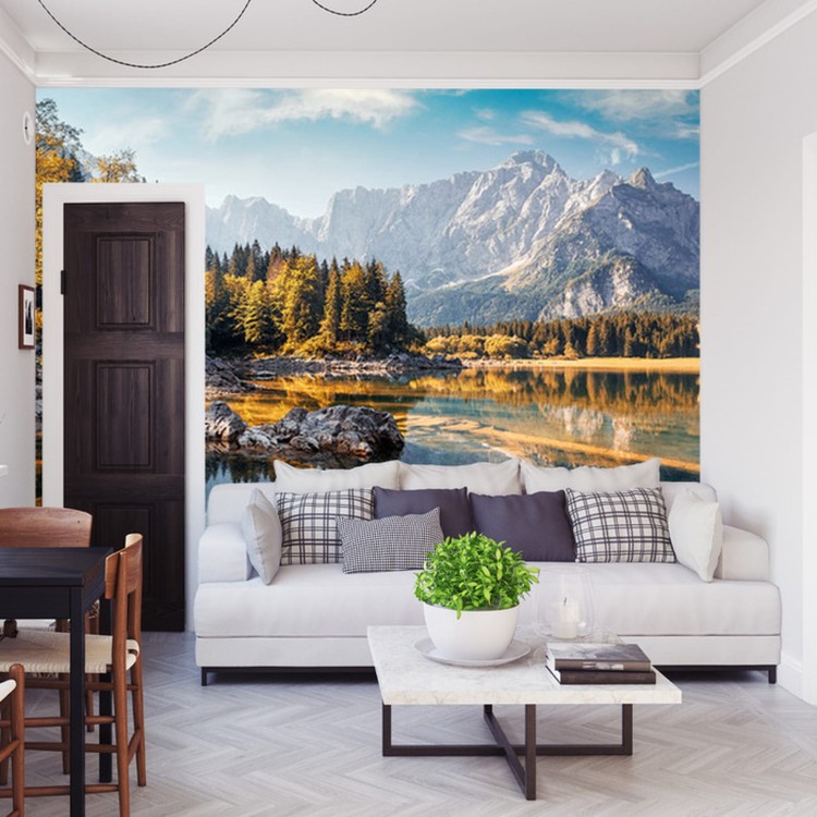 Fototapeta Awesome Sunny Landscape In The Forest. Wonderful Autumn Scenery. Picturesque View Of Nature Wild Lake. Sun Rays Through Colorful Trees. Incredible View On Fusine Lakeside. Amazing Natural Background