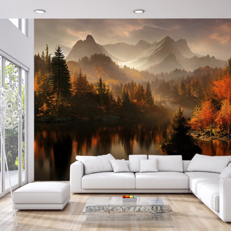 Fototapeta Ai Generated Image Of A Beautiful Landscape With Autumn Forest, A Lake And Hills