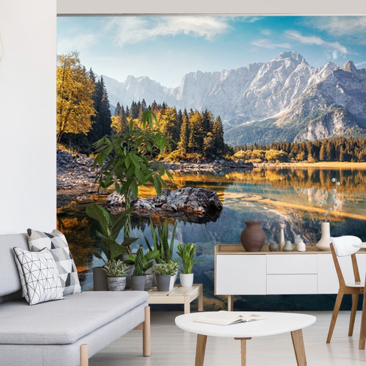 Fototapeta Awesome Sunny Landscape In The Forest. Wonderful Autumn Scenery. Picturesque View Of Nature Wild Lake. Sun Rays Through Colorful Trees. Incredible View On Fusine Lakeside. Amazing Natural Background