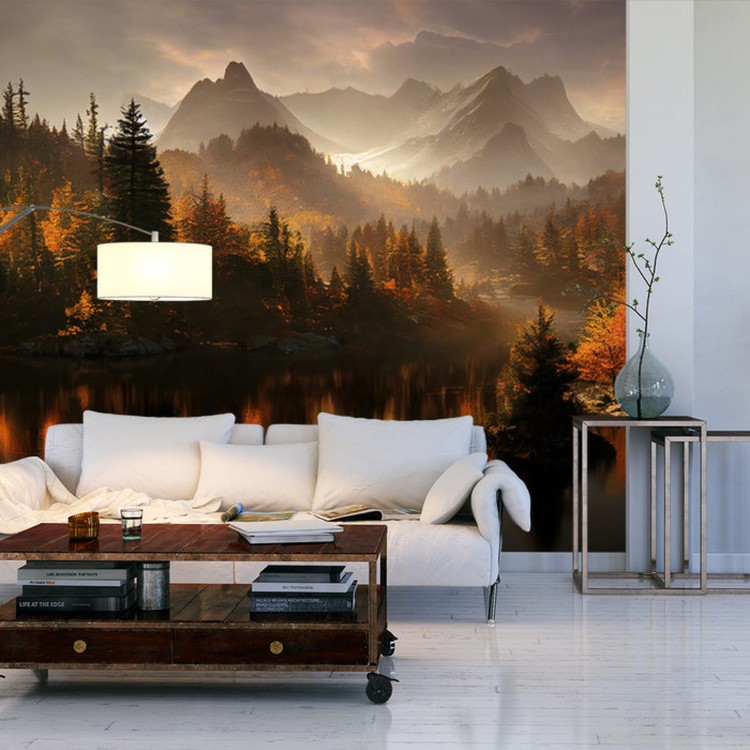 Fototapeta Ai Generated Image Of A Beautiful Landscape With Autumn Forest, A Lake And Hills