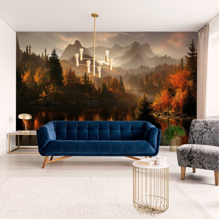 Fototapeta Ai Generated Image Of A Beautiful Landscape With Autumn Forest, A Lake And Hills