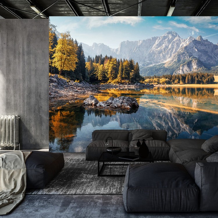 Fototapeta Awesome Sunny Landscape In The Forest. Wonderful Autumn Scenery. Picturesque View Of Nature Wild Lake. Sun Rays Through Colorful Trees. Incredible View On Fusine Lakeside. Amazing Natural Background