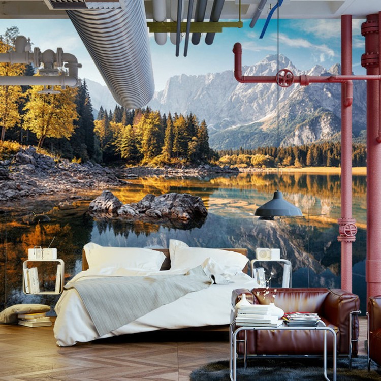 Fototapeta Awesome Sunny Landscape In The Forest. Wonderful Autumn Scenery. Picturesque View Of Nature Wild Lake. Sun Rays Through Colorful Trees. Incredible View On Fusine Lakeside. Amazing Natural Background