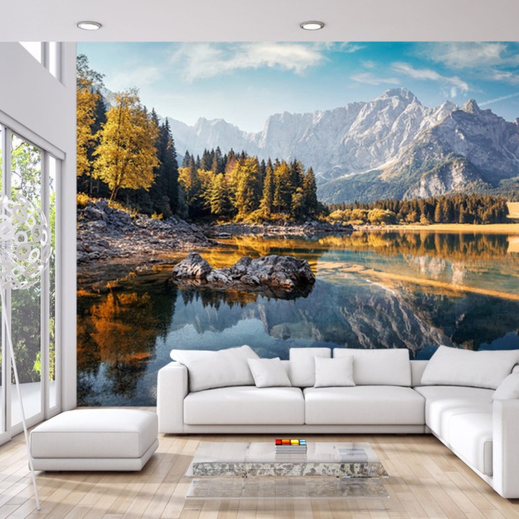 Fototapeta Awesome Sunny Landscape In The Forest. Wonderful Autumn Scenery. Picturesque View Of Nature Wild Lake. Sun Rays Through Colorful Trees. Incredible View On Fusine Lakeside. Amazing Natural Background