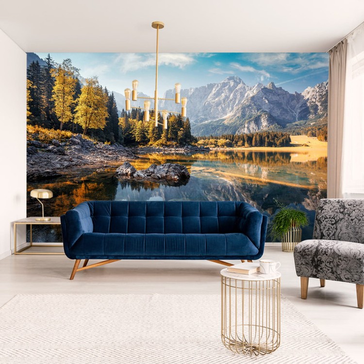 Fototapeta Awesome Sunny Landscape In The Forest. Wonderful Autumn Scenery. Picturesque View Of Nature Wild Lake. Sun Rays Through Colorful Trees. Incredible View On Fusine Lakeside. Amazing Natural Background