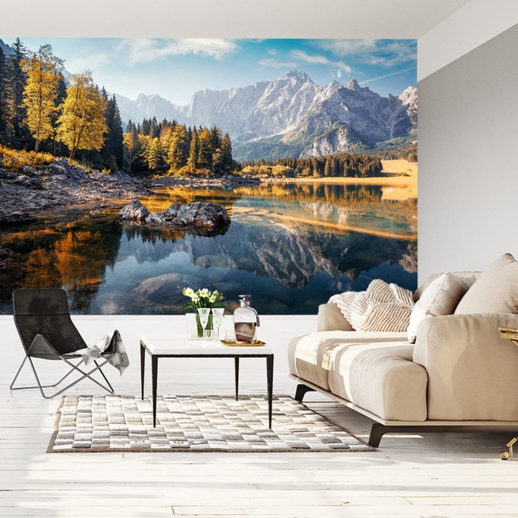 Fototapeta Awesome Sunny Landscape In The Forest. Wonderful Autumn Scenery. Picturesque View Of Nature Wild Lake. Sun Rays Through Colorful Trees. Incredible View On Fusine Lakeside. Amazing Natural Background