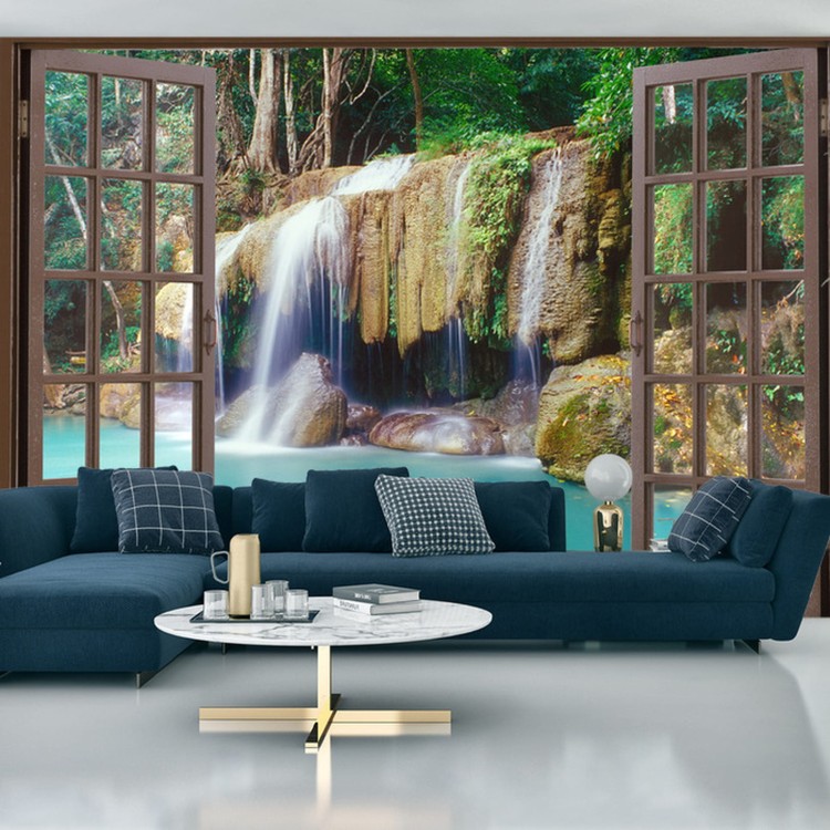 Fototapeta Open Window View To Deep Jungle Waterfall