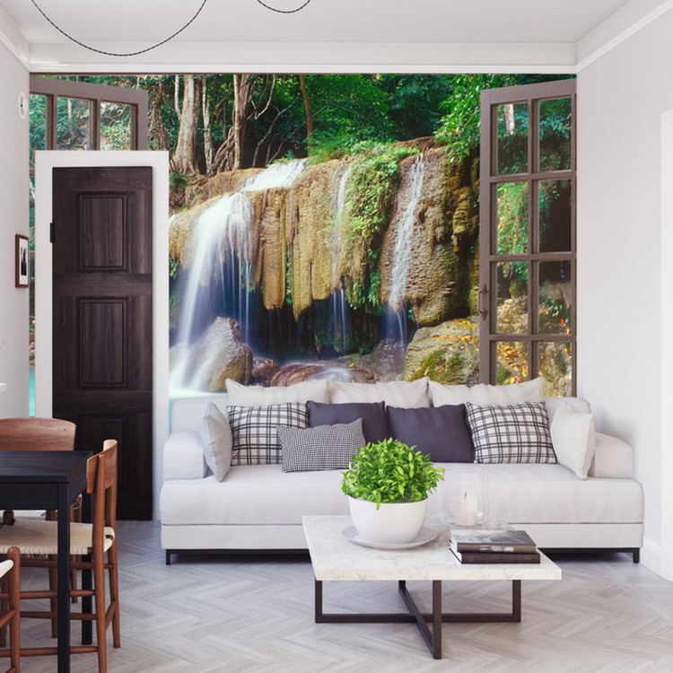 Fototapeta Open Window View To Deep Jungle Waterfall