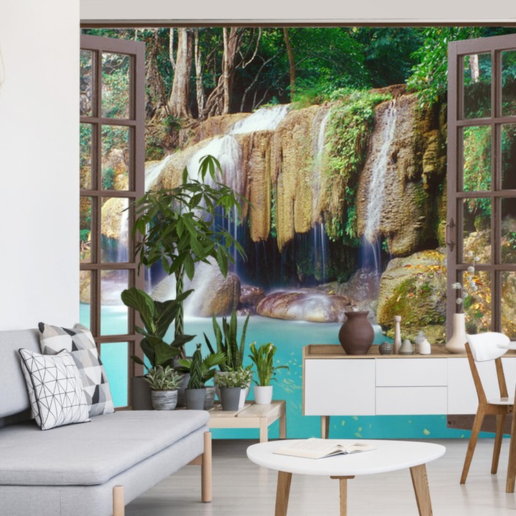 Fototapeta Open Window View To Deep Jungle Waterfall