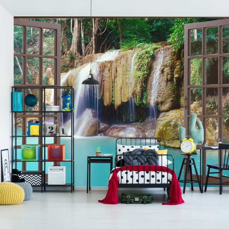 Fototapeta Open Window View To Deep Jungle Waterfall