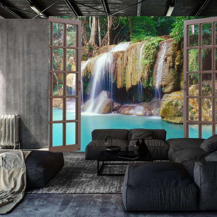 Fototapeta Open Window View To Deep Jungle Waterfall