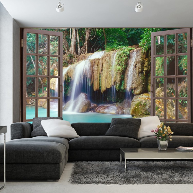 Fototapeta Open Window View To Deep Jungle Waterfall