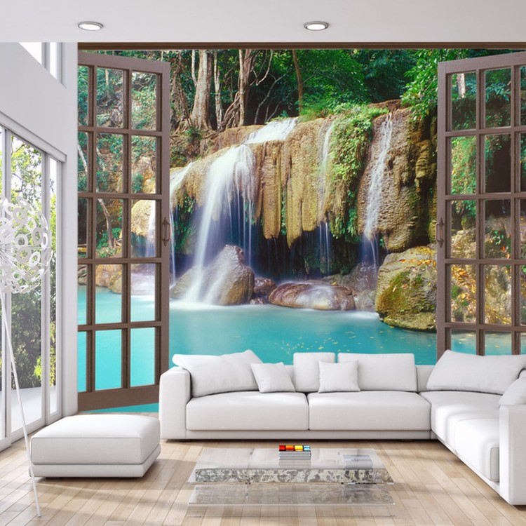 Fototapeta Open Window View To Deep Jungle Waterfall