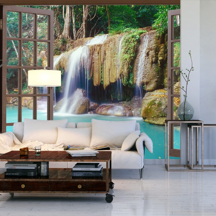 Fototapeta Open Window View To Deep Jungle Waterfall