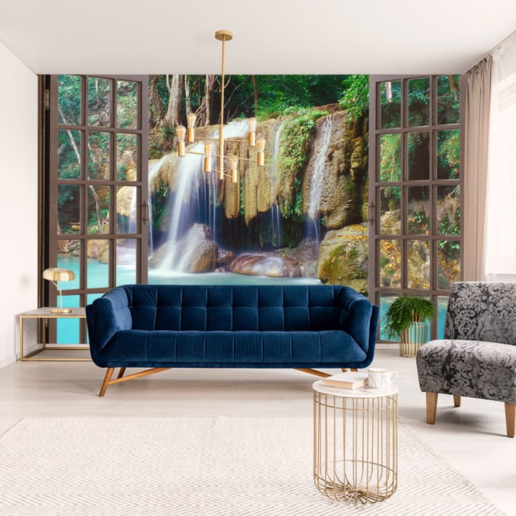 Fototapeta Open Window View To Deep Jungle Waterfall