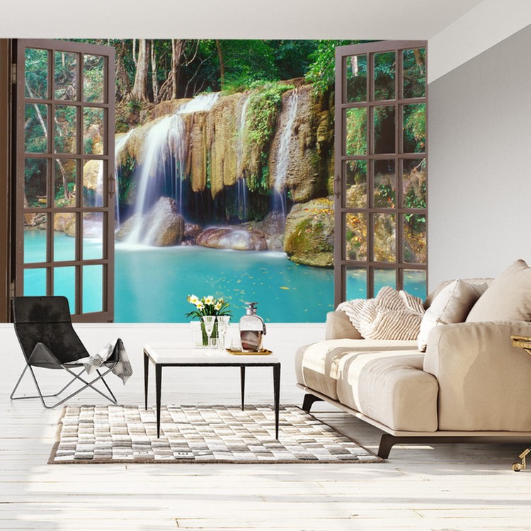 Fototapeta Open Window View To Deep Jungle Waterfall
