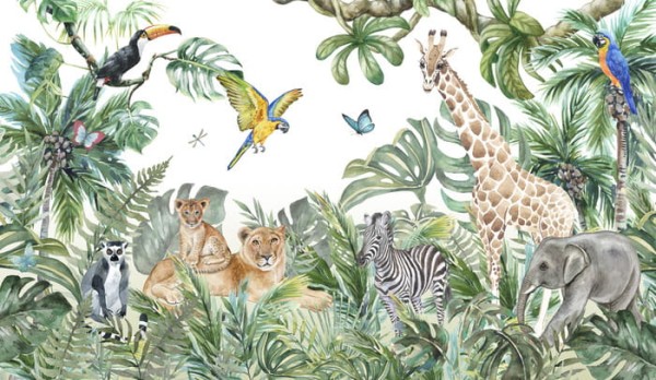 Fototapeta Children's Wallpaper, Watercolor Jungle And Animals. Lions, Giraffe, Elephant, Parrots, Zebra, Lemur