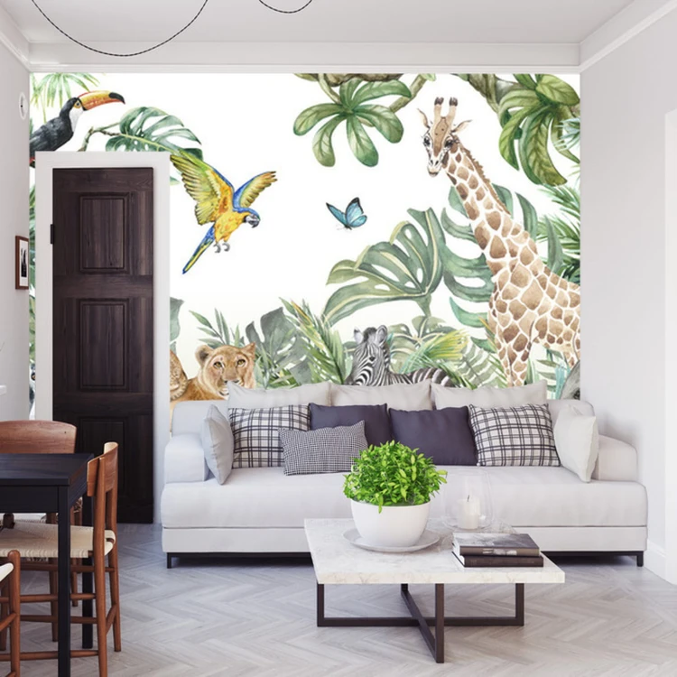 Fototapeta Children's Wallpaper, Watercolor Jungle And Animals. Lions, Giraffe, Elephant, Parrots, Zebra, Lemur