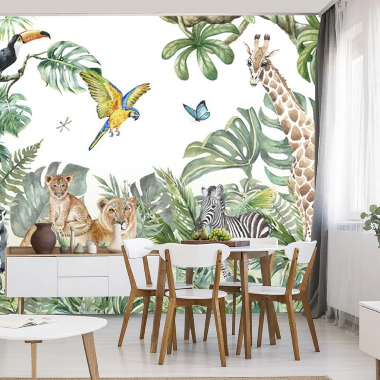 Fototapeta Children's Wallpaper, Watercolor Jungle And Animals. Lions, Giraffe, Elephant, Parrots, Zebra, Lemur
