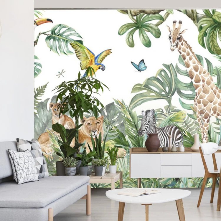 Fototapeta Children's Wallpaper, Watercolor Jungle And Animals. Lions, Giraffe, Elephant, Parrots, Zebra, Lemur