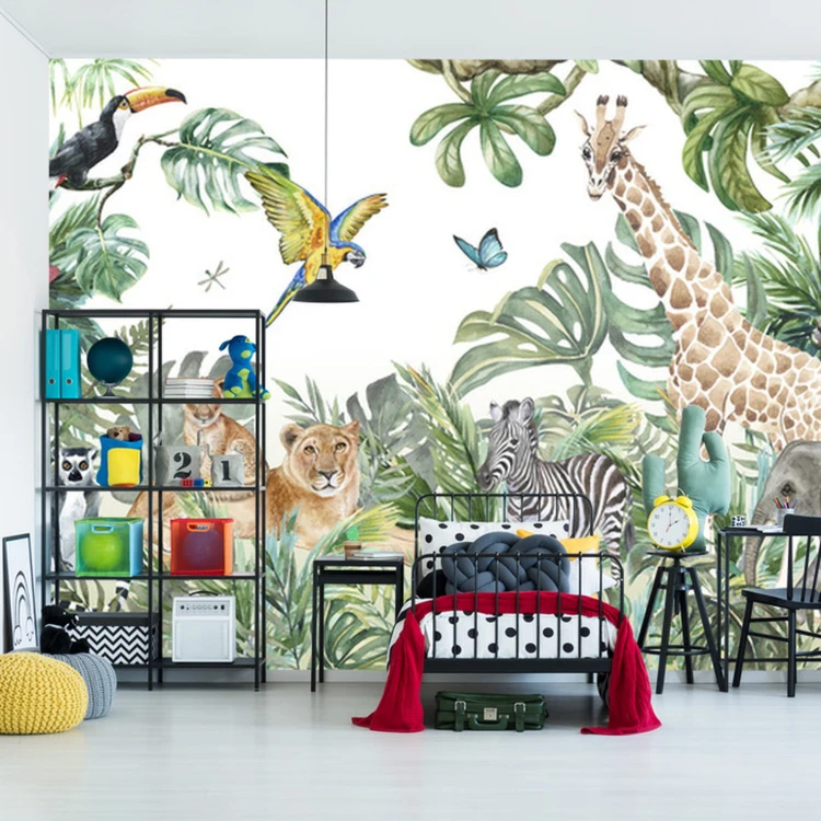 Fototapeta Children's Wallpaper, Watercolor Jungle And Animals. Lions, Giraffe, Elephant, Parrots, Zebra, Lemur