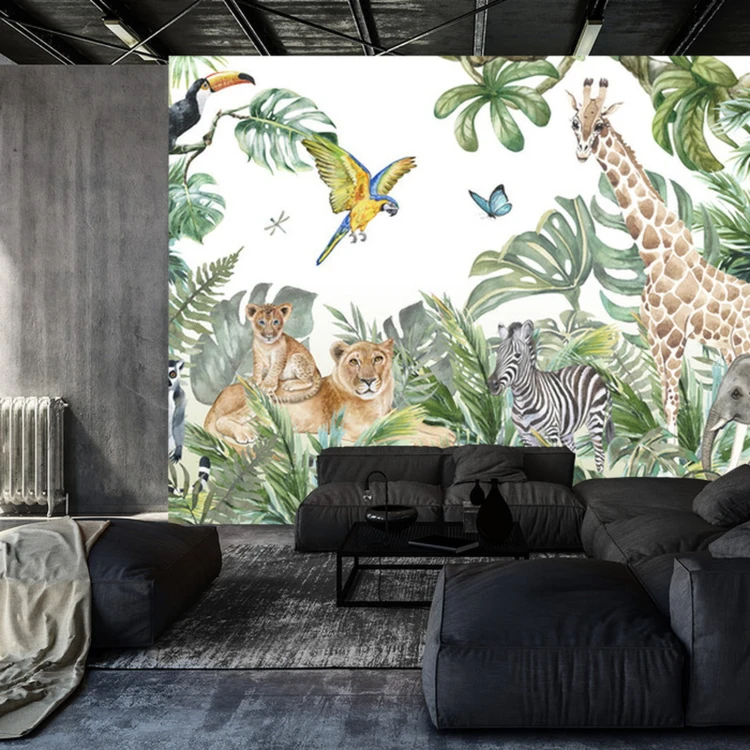 Fototapeta Children's Wallpaper, Watercolor Jungle And Animals. Lions, Giraffe, Elephant, Parrots, Zebra, Lemur