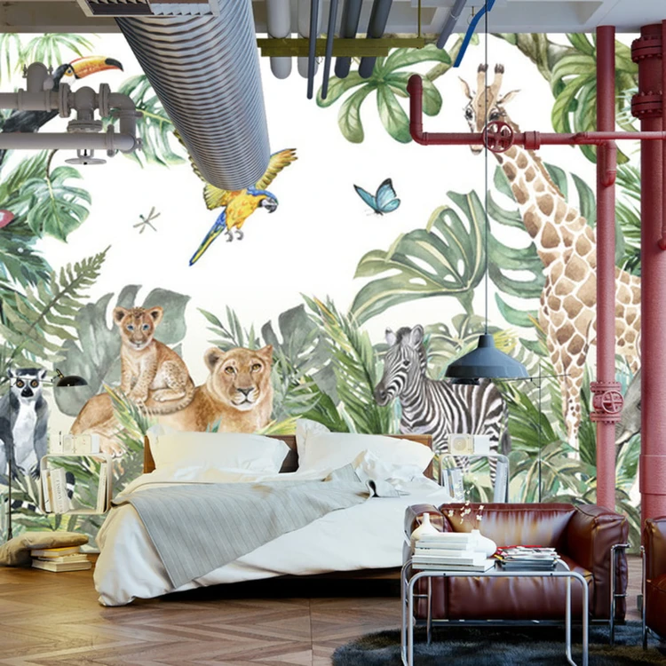 Fototapeta Children's Wallpaper, Watercolor Jungle And Animals. Lions, Giraffe, Elephant, Parrots, Zebra, Lemur