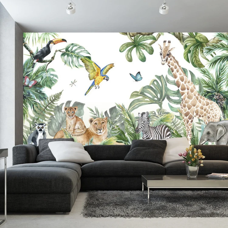Fototapeta Children's Wallpaper, Watercolor Jungle And Animals. Lions, Giraffe, Elephant, Parrots, Zebra, Lemur