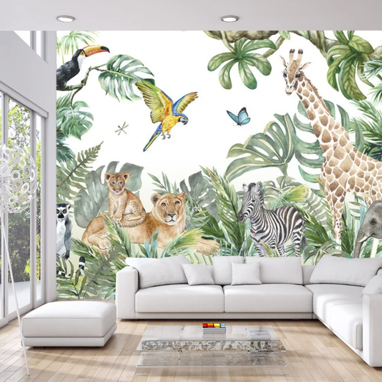 Fototapeta Children's Wallpaper, Watercolor Jungle And Animals. Lions, Giraffe, Elephant, Parrots, Zebra, Lemur