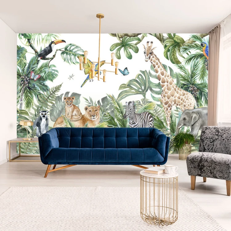 Fototapeta Children's Wallpaper, Watercolor Jungle And Animals. Lions, Giraffe, Elephant, Parrots, Zebra, Lemur