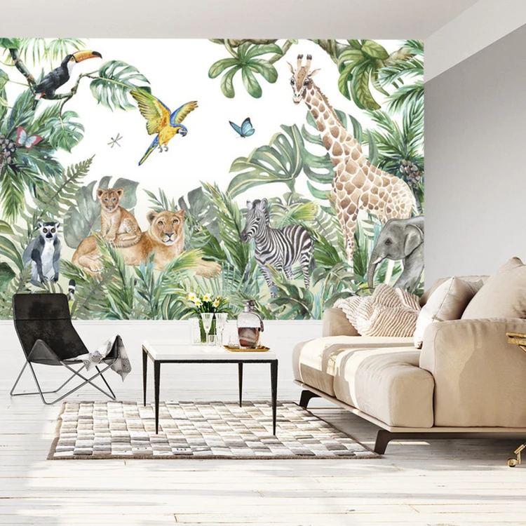 Fototapeta Children's Wallpaper, Watercolor Jungle And Animals. Lions, Giraffe, Elephant, Parrots, Zebra, Lemur