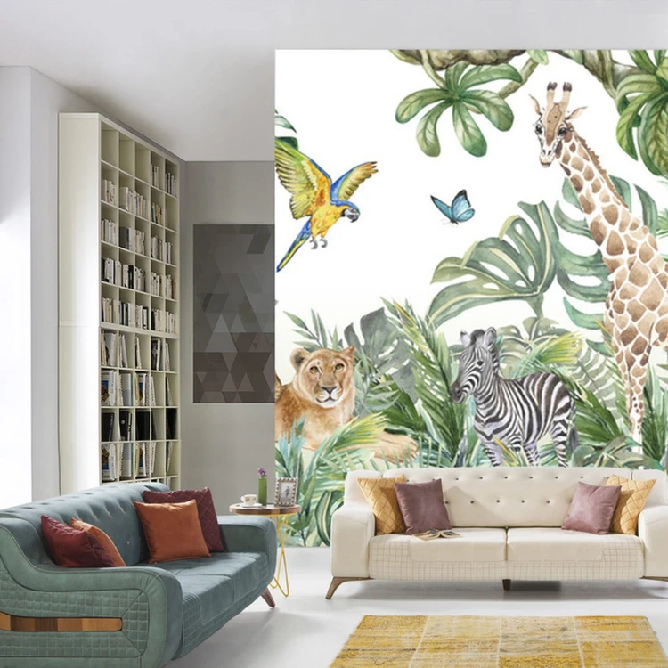 Fototapeta Children's Wallpaper, Watercolor Jungle And Animals. Lions, Giraffe, Elephant, Parrots, Zebra, Lemur
