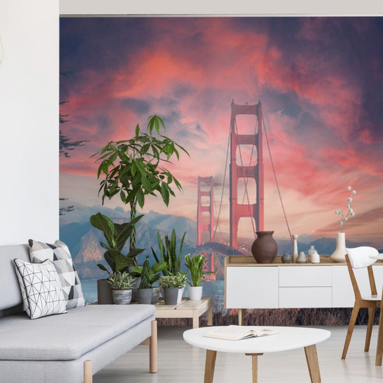 Fototapeta Beautiful View Of Golden Gate Bridge In Background Of Mountains During Sunset
