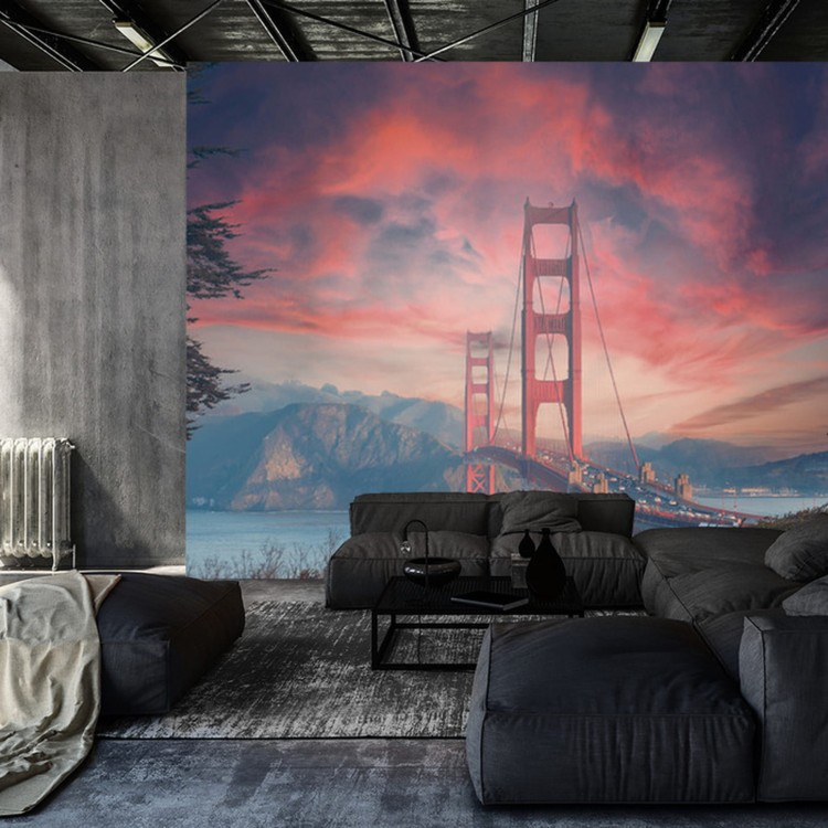 Fototapeta Beautiful View Of Golden Gate Bridge In Background Of Mountains During Sunset