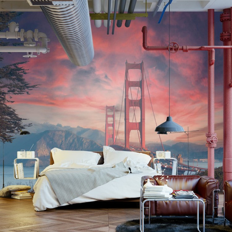 Fototapeta Beautiful View Of Golden Gate Bridge In Background Of Mountains During Sunset