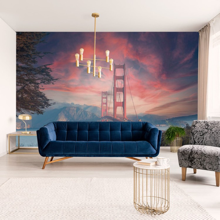 Fototapeta Beautiful View Of Golden Gate Bridge In Background Of Mountains During Sunset