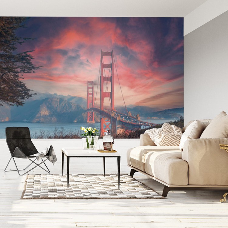 Fototapeta Beautiful View Of Golden Gate Bridge In Background Of Mountains During Sunset