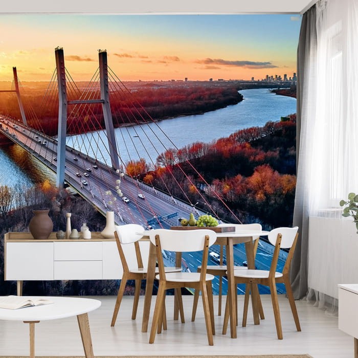 Fototapeta Beautiful Panoramic Aerial Drone View To Cable-Stayed Siekierkowski Bridge Over The Vistula River And Warsaw City Skyscrapers, Poland In Gold Red Autumn Colors In November Evening At Sunset