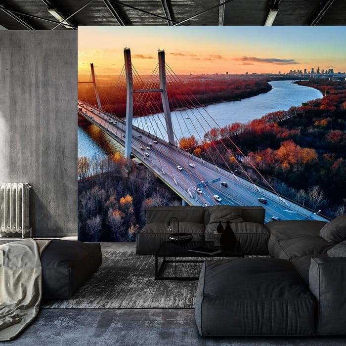 Fototapeta Beautiful Panoramic Aerial Drone View To Cable-Stayed Siekierkowski Bridge Over The Vistula River And Warsaw City Skyscrapers, Poland In Gold Red Autumn Colors In November Evening At Sunset