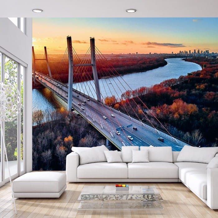 Fototapeta Beautiful Panoramic Aerial Drone View To Cable-Stayed Siekierkowski Bridge Over The Vistula River And Warsaw City Skyscrapers, Poland In Gold Red Autumn Colors In November Evening At Sunset