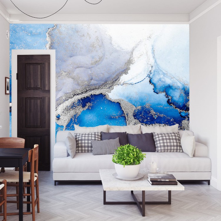 Fototapeta Blue Silver Abstract Background Of Marble Liquid Ink Art Painting On Paper