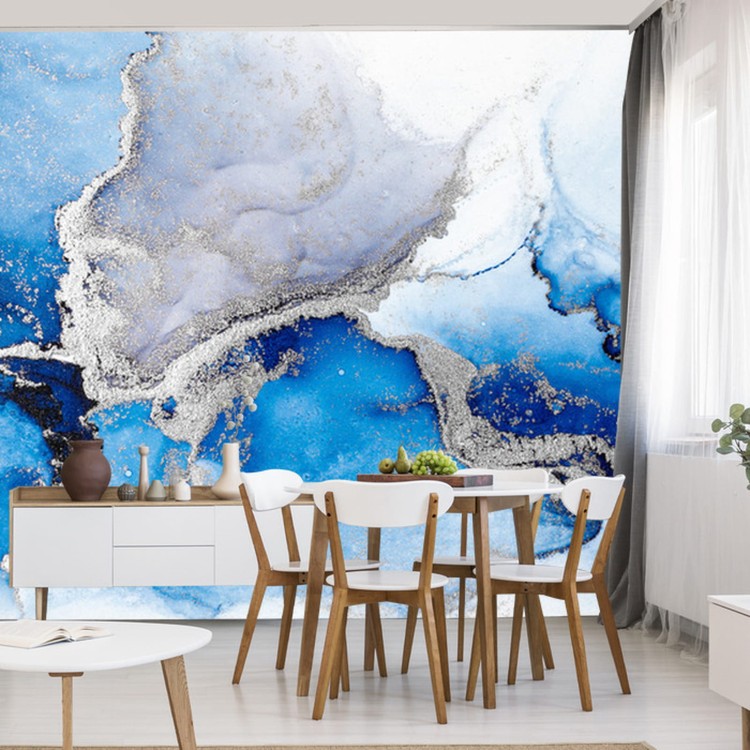 Fototapeta Blue Silver Abstract Background Of Marble Liquid Ink Art Painting On Paper