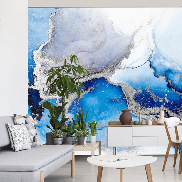 Fototapeta Blue Silver Abstract Background Of Marble Liquid Ink Art Painting On Paper