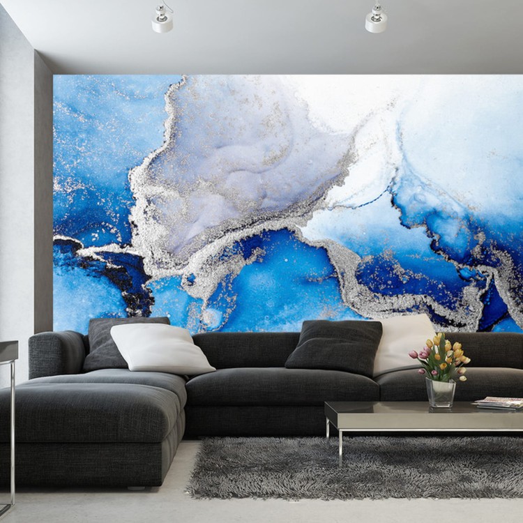 Fototapeta Blue Silver Abstract Background Of Marble Liquid Ink Art Painting On Paper