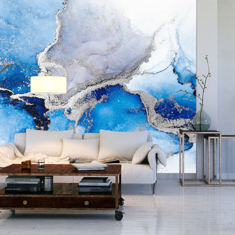 Fototapeta Blue Silver Abstract Background Of Marble Liquid Ink Art Painting On Paper
