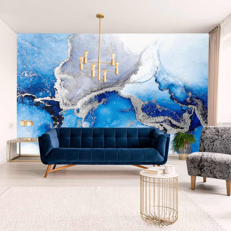 Fototapeta Blue Silver Abstract Background Of Marble Liquid Ink Art Painting On Paper