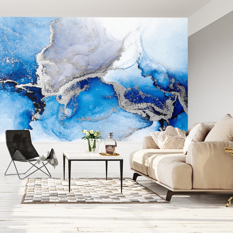 Fototapeta Blue Silver Abstract Background Of Marble Liquid Ink Art Painting On Paper