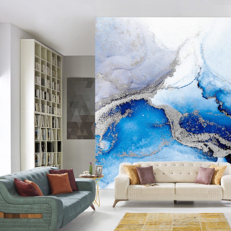 Fototapeta Blue Silver Abstract Background Of Marble Liquid Ink Art Painting On Paper